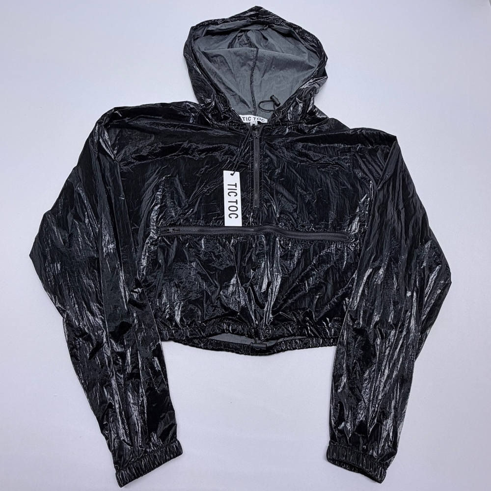 Tic Toc Womens Black Shiny Cropped Windbreaker Jacket Hooded Quarter Zip
